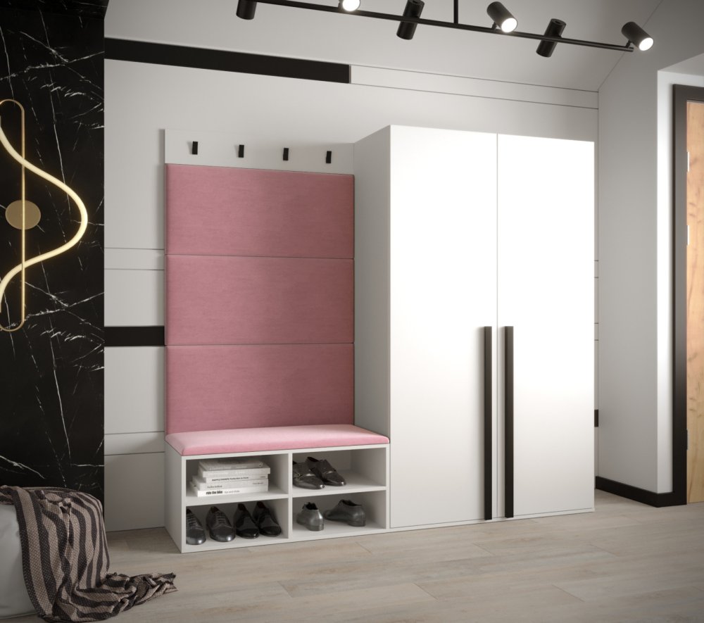 Veneti Predsieňový nábytok s čalúnenými panelmi HARRISON - biely, ružové panely